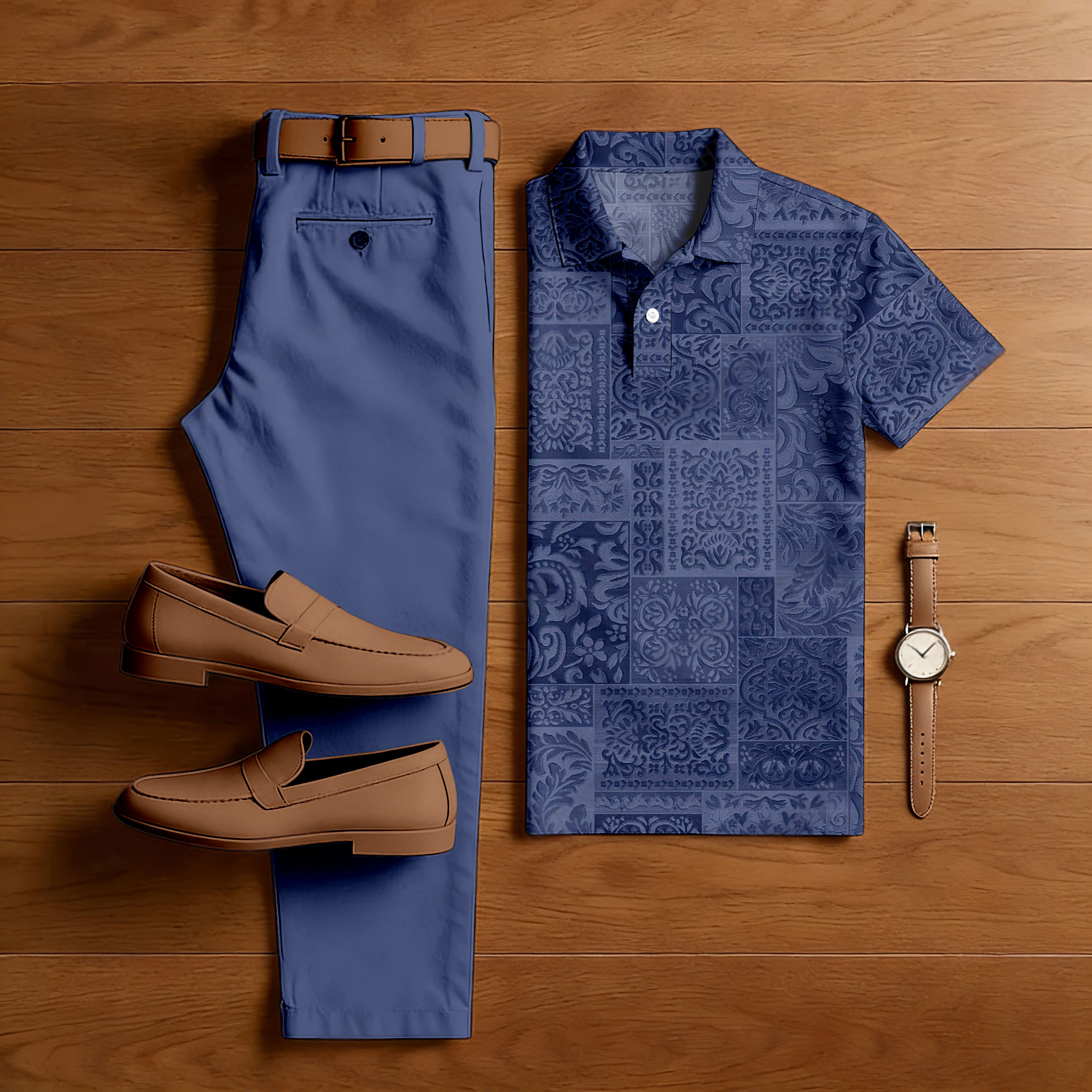 Men's Casual Purple Color Matching Retro Flower Printed Short Sleeved Polo Shirt & Trousers Two-Piece Set