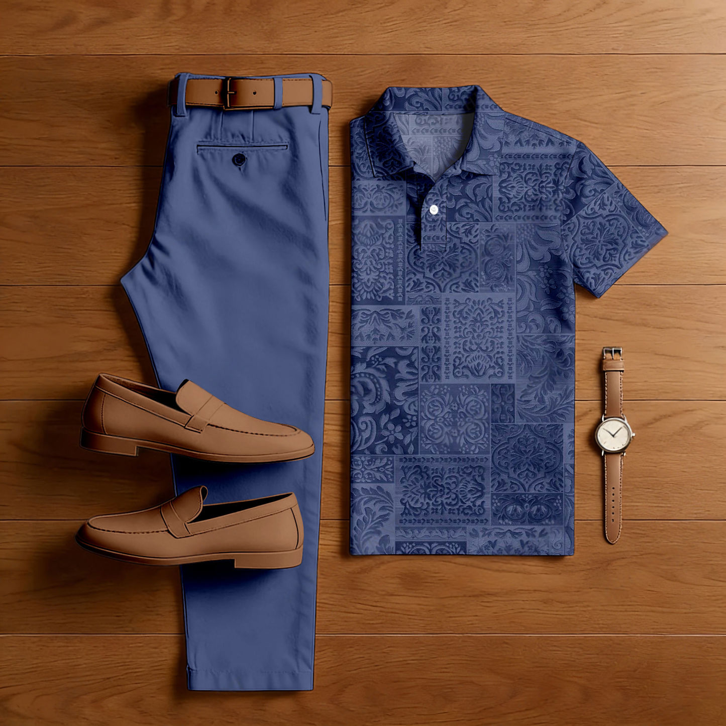 Men's Casual Purple Color Matching Retro Flower Printed Short Sleeved Polo Shirt & Trousers Two-Piece Set