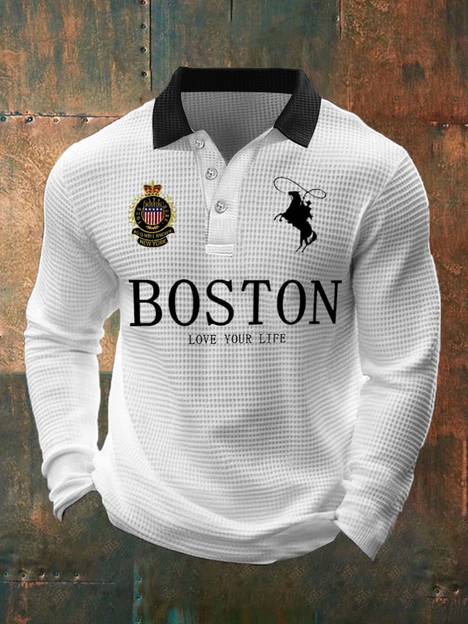 Men's Retro Business Casual Waffle Fabric Long Sleeve Polo Shirt