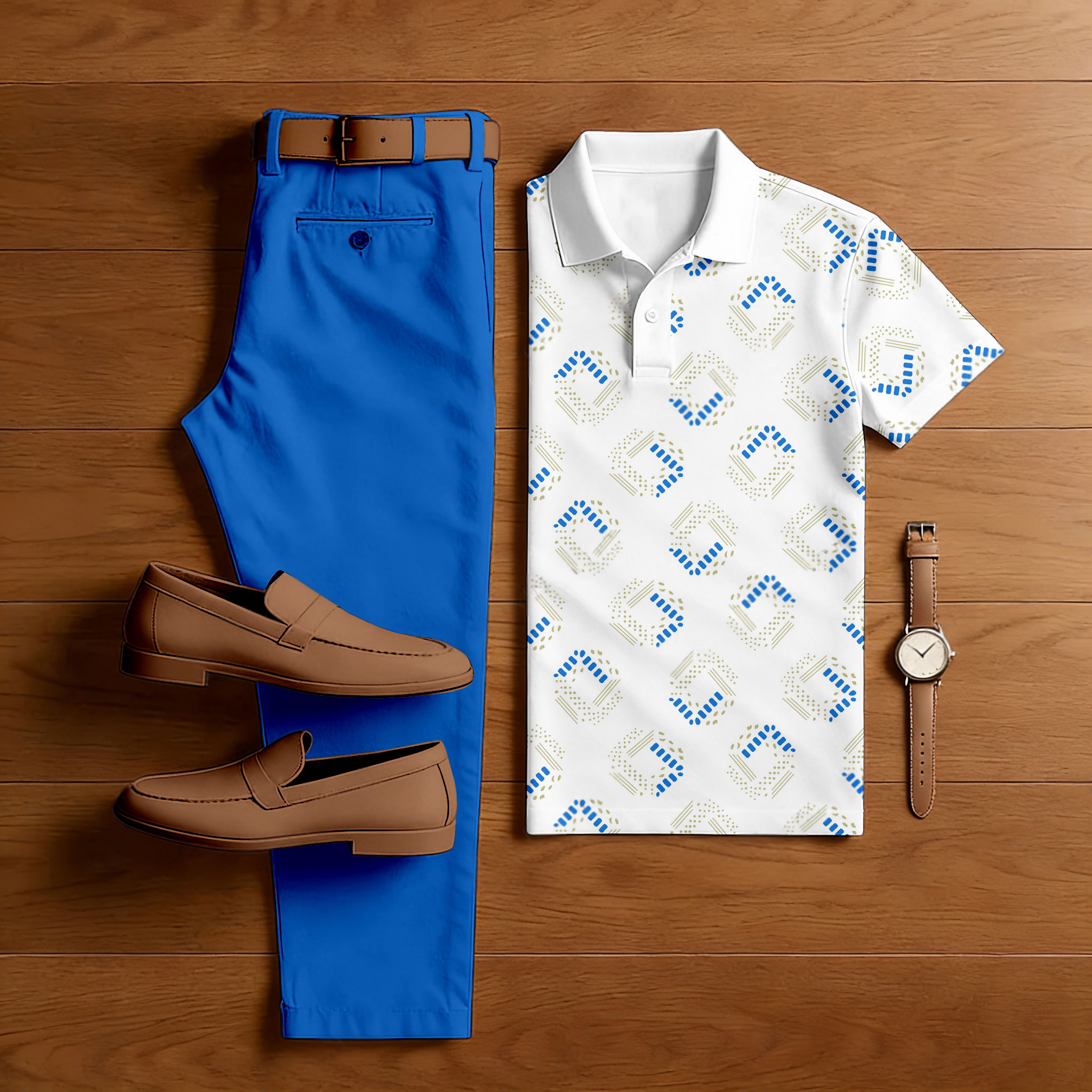 Men's Casual Royal Blue & White Color Matching Printed Short Sleeved Polo Shirt & Trousers Two-Piece Set