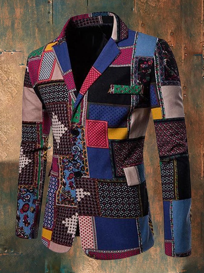 Men'S Lapel Ethnic Print Long Sleeve Thin Blazer