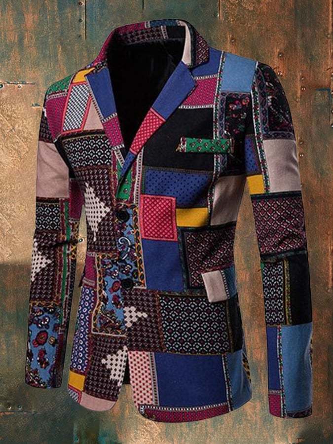 Men'S Lapel Ethnic Print Long Sleeve Thin Blazer