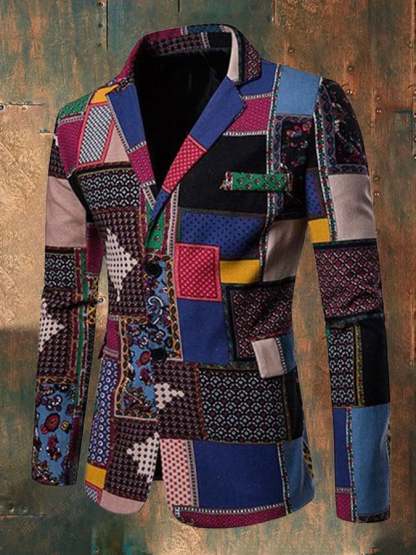Men'S Lapel Ethnic Print Long Sleeve Thin Blazer