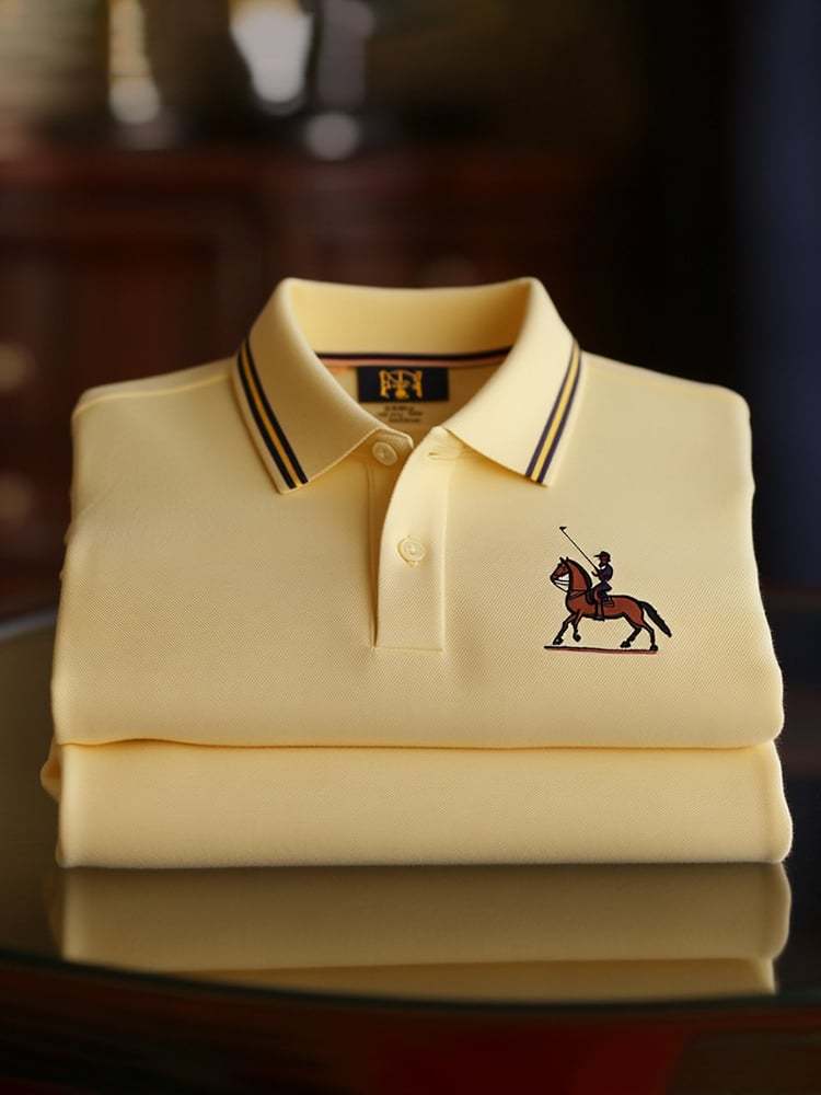 Men's Classic Business Check Logo Button Short Sleeve Polo Shirt