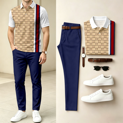 Men's Casual Vintage-Print Short-Sleeve Polo Shirt And Pants Set (Excludes Accessories Such As Watches And Belts)