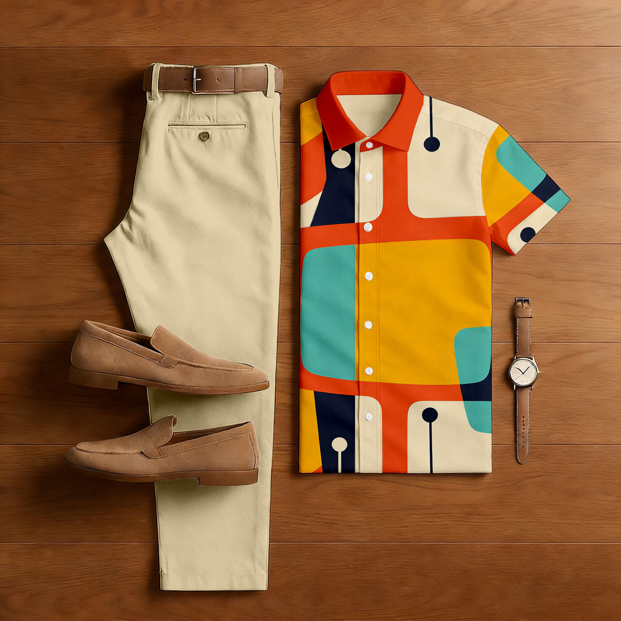 Men's Casual Apricot & Orange Color Matching Art Printed Short Sleeved Shirt & Trousers Two-Piece Set