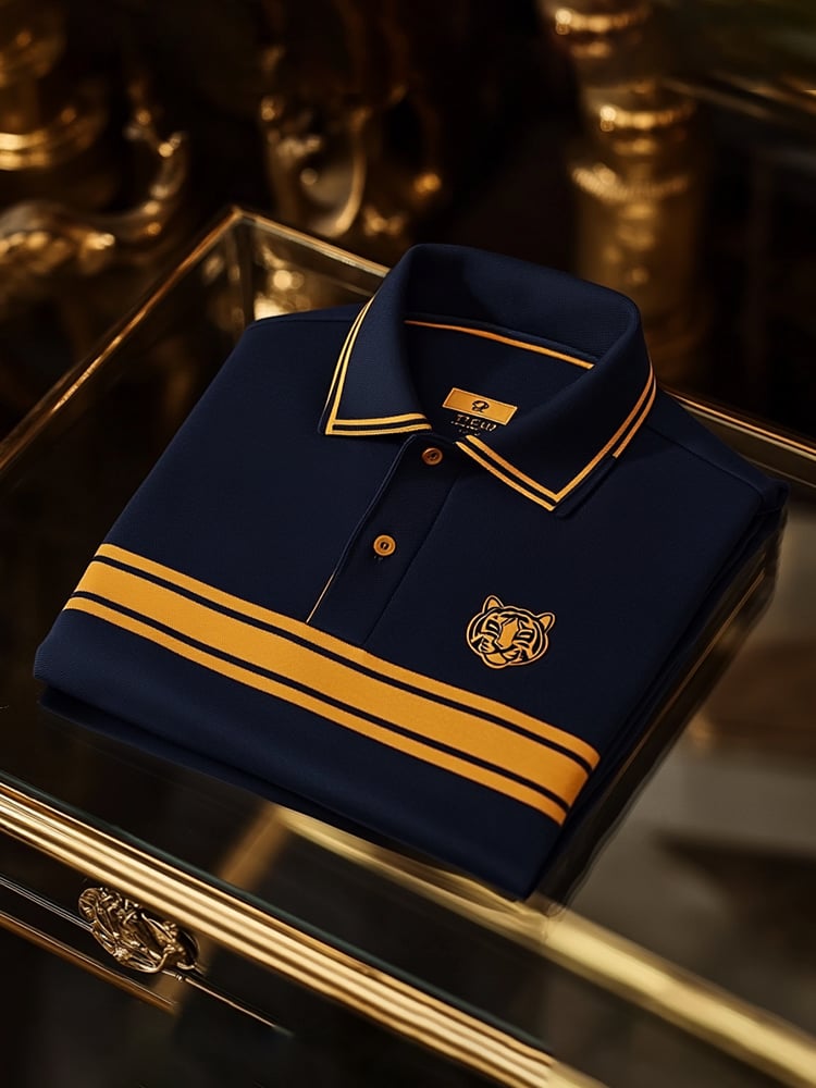 Men's Classic Business Check Logo Button Short Sleeve Polo Shirt