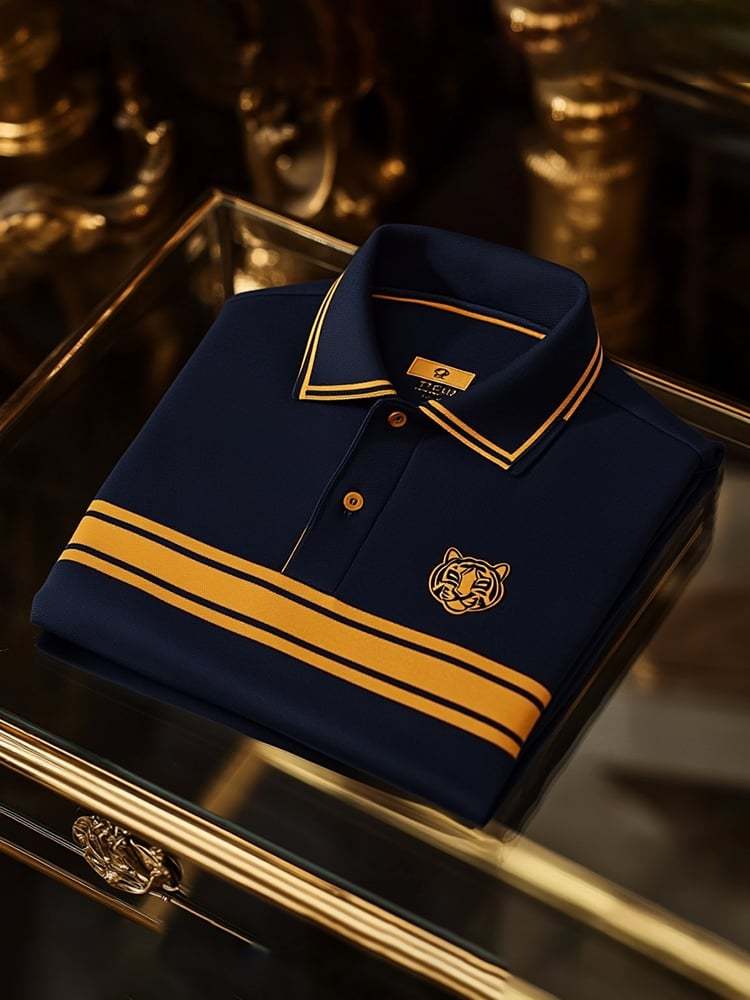 Men's Classic Business Check Logo Button Short Sleeve Polo Shirt