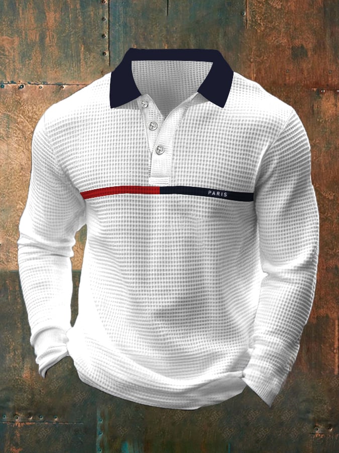 Men's Retro Lettering Design Waffle Fabric Long Sleeve Polo Shirt