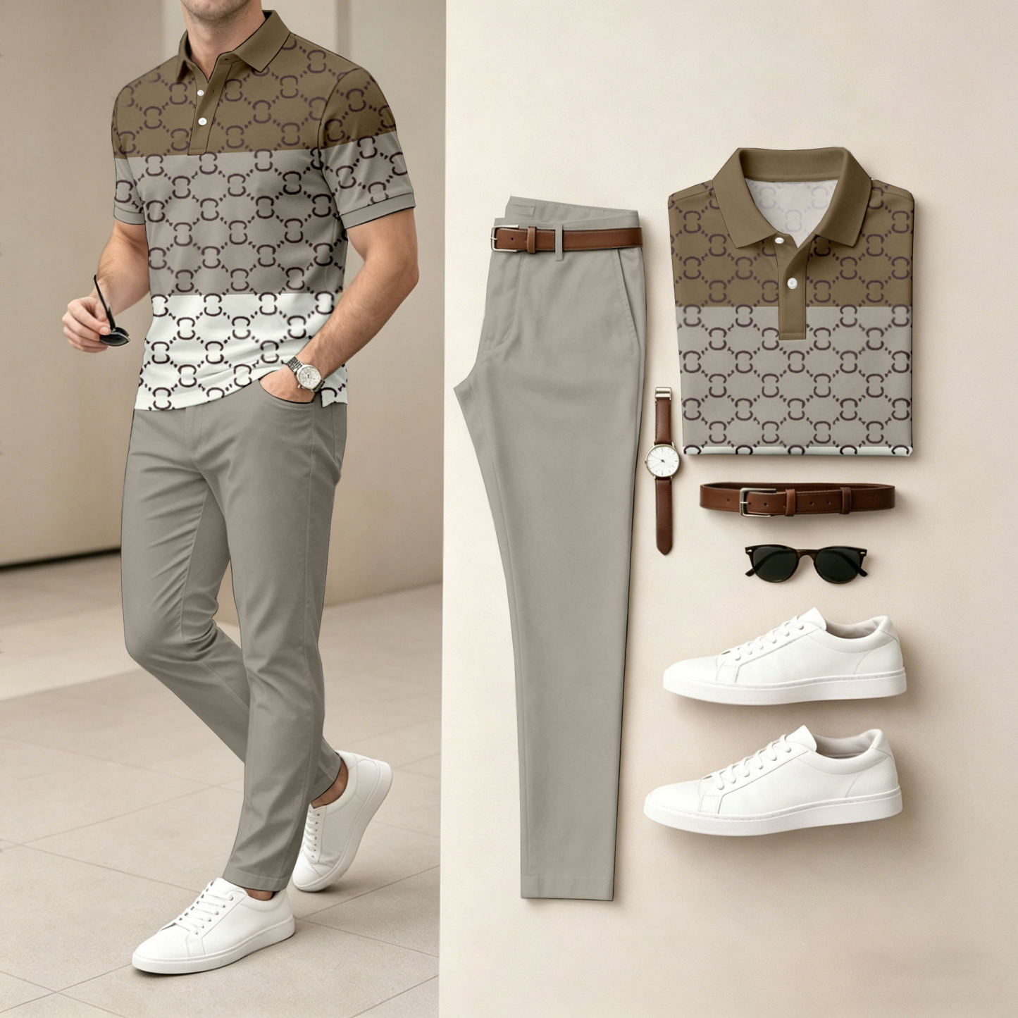 Men's Casual Dark Brown & Gray Plaid Printed Polo Shirt And Pants Two-Piece Set