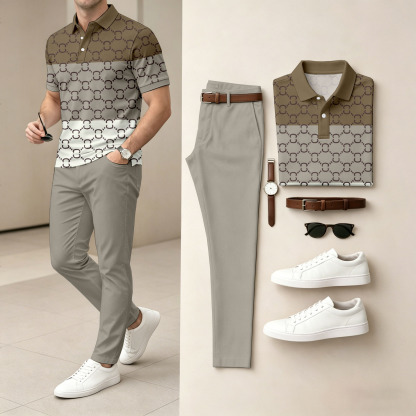 Men's Casual Dark Brown & Gray Plaid Printed Polo Shirt And Pants Two-Piece Set