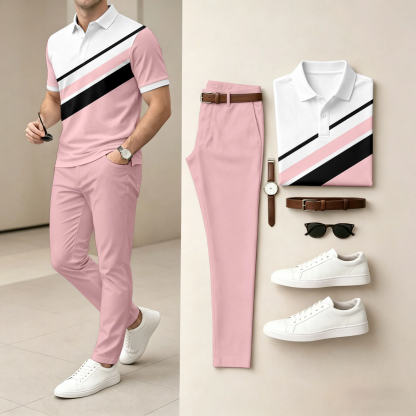 Men's Casual Pink & White Geometric Printed Polo Shirt And Pants Two-Piece Set