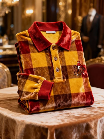 Men's Velvet Business Logo Print Long Sleeve Polo Shirt