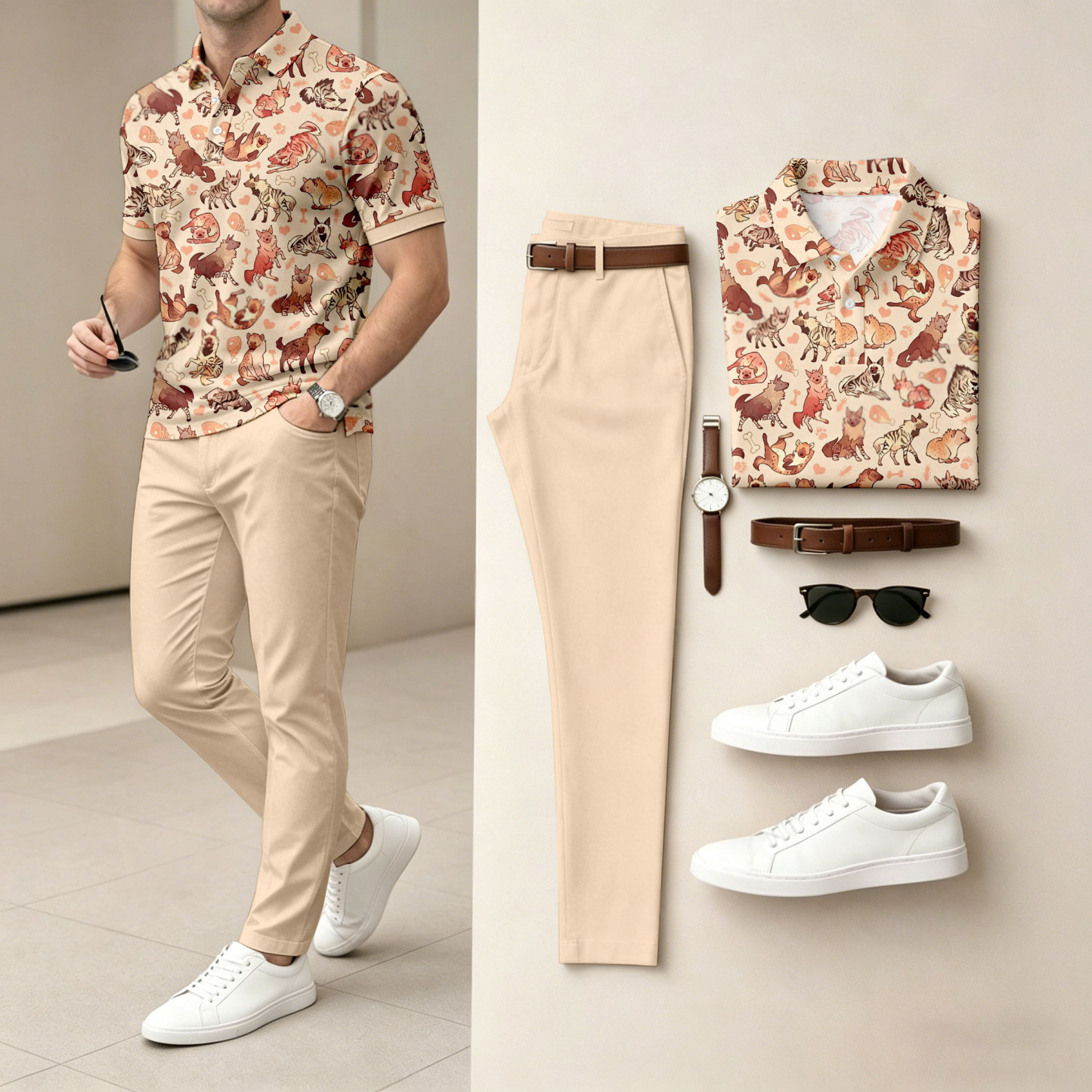 Men's Casual Apricot-Colored Animals Printed Polo Shirt And Pants Two-Piece Set