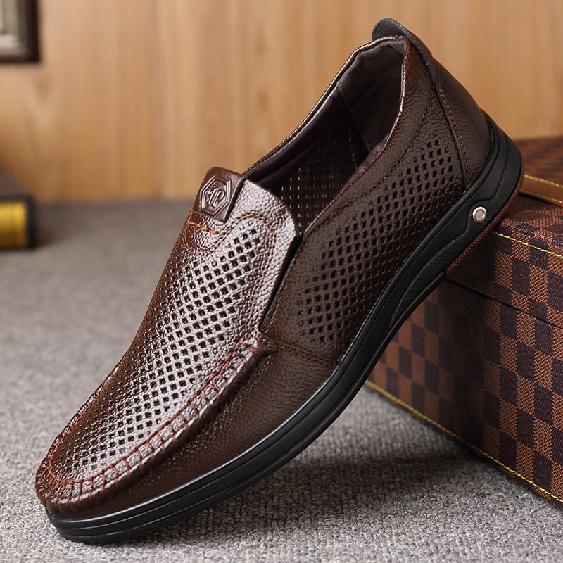 Men'S Round Toe Hollowed Out Business Leisure Loafer Leather Shoes