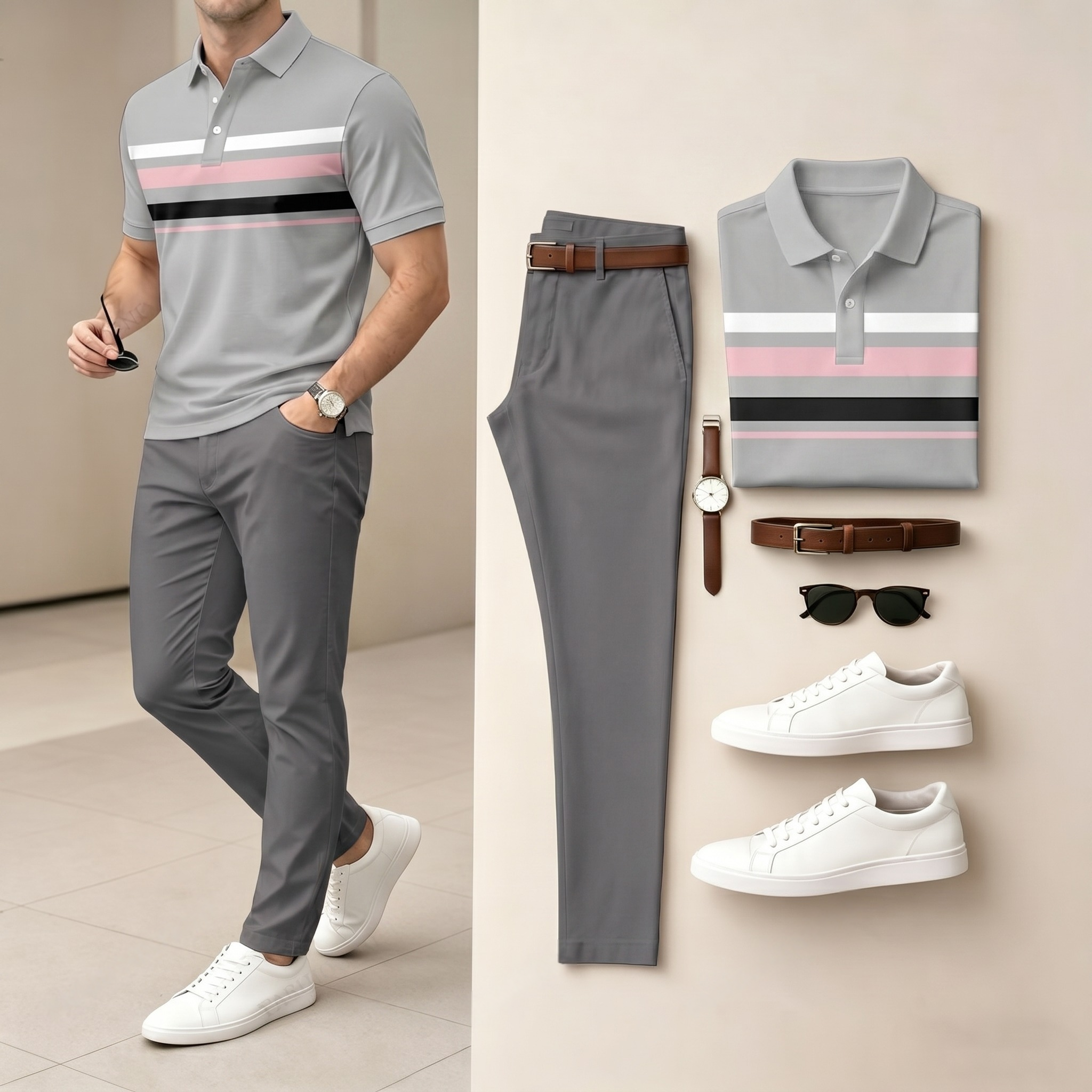 Men's Gray & Pink And Black Color Matching Striped Printed Short Sleeved Polo Shirt & Pants Two-Piece Set