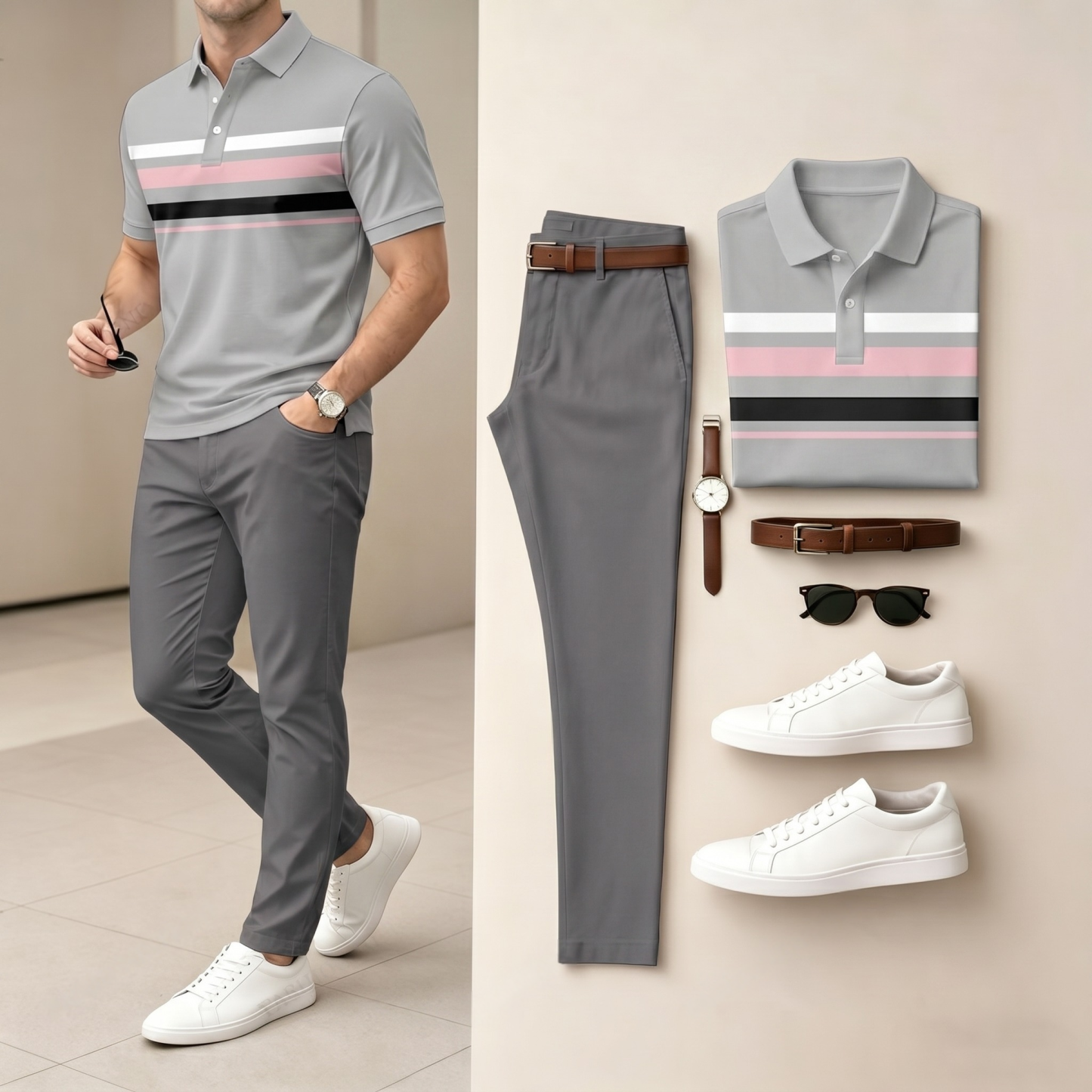 Men's Gray & Pink And Black Color Matching Striped Printed Short Sleeved Polo Shirt & Pants Two-Piece Set