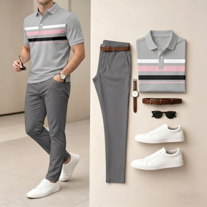 Men's Gray & Pink And Black Color Matching Striped Printed Short Sleeved Polo Shirt & Pants Two-Piece Set