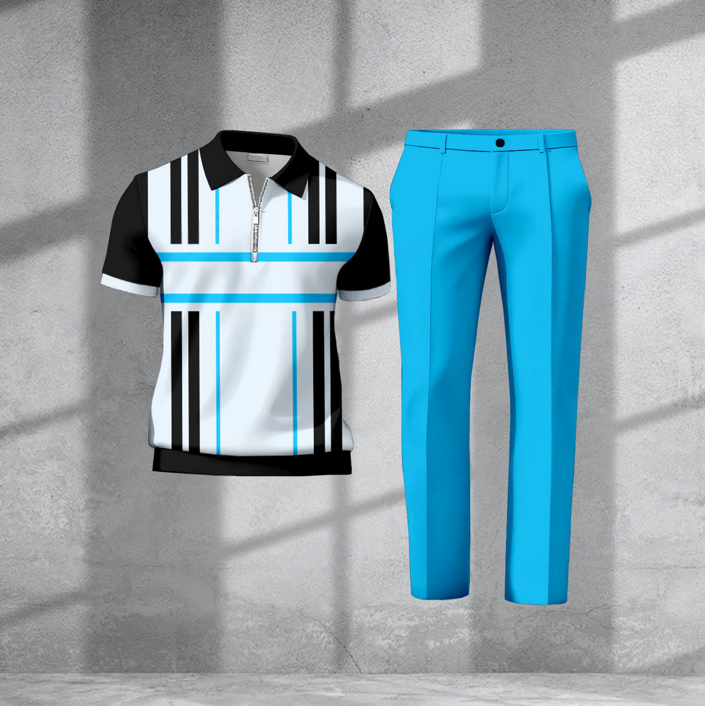 Men's Casual Black & White Stripes Printed Polo Short-Sleeve T-Shirt And Pants Two-Piece Set