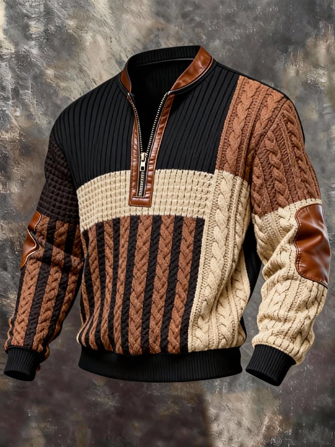 Men'S Casual Retro Contrast Color Half Zip Stand Collar Long Sleeve Sweatshirt