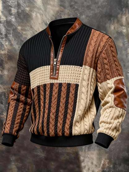 Men'S Casual Retro Contrast Color Half Zip Stand Collar Long Sleeve Sweatshirt