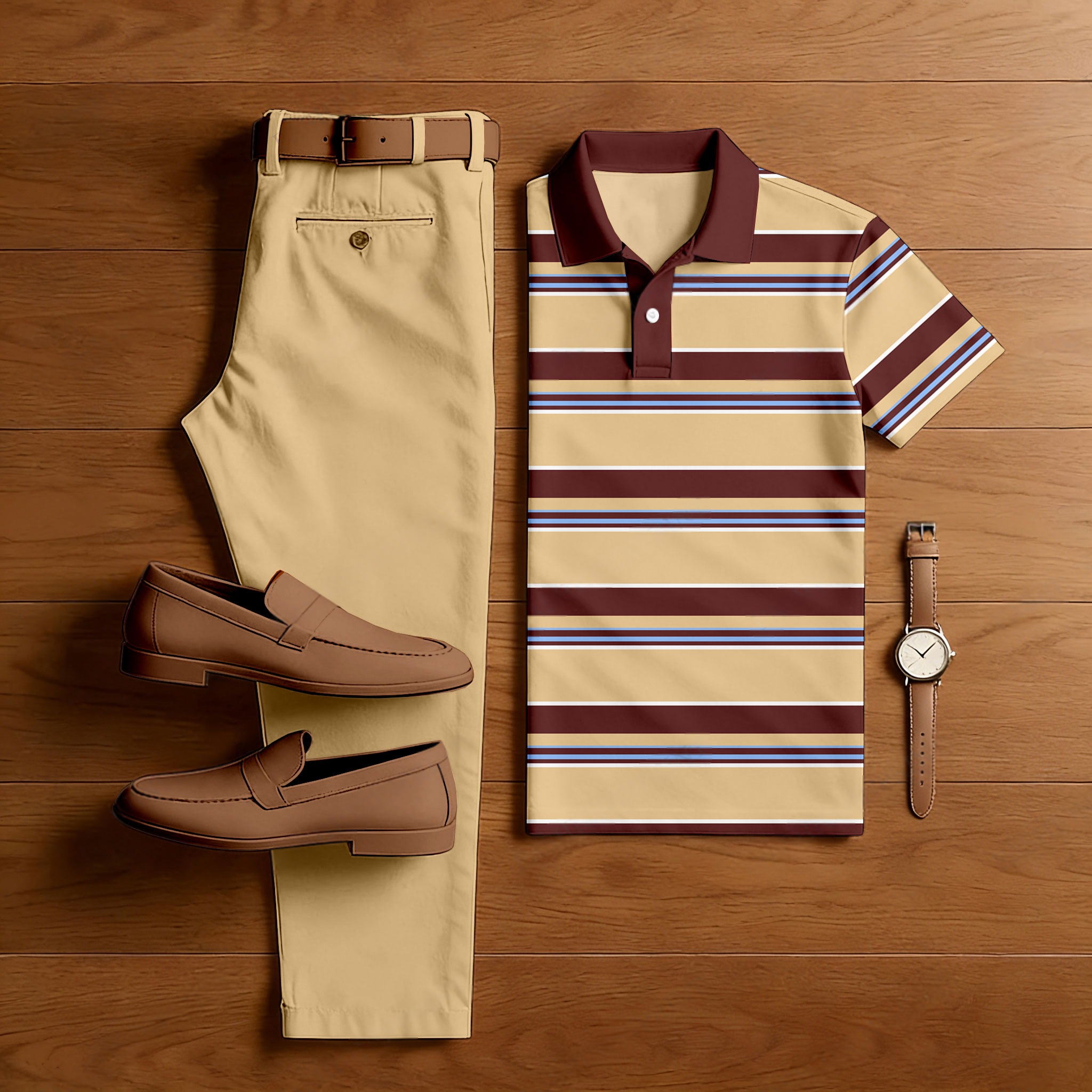 Men's Casual Yellow & Burgundy Color Matching Striped Printed Short Sleeved Polo Shirt & Trousers Two-Piece Set