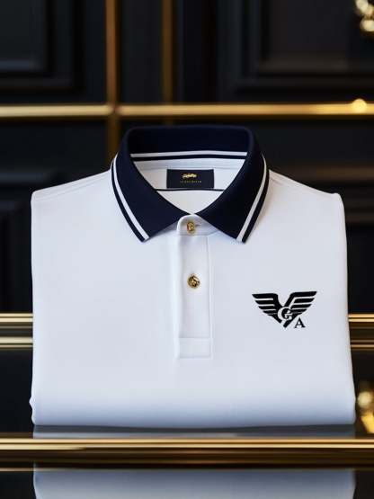 Men's Classic Business Check Logo Button Short Sleeve Polo Shirt