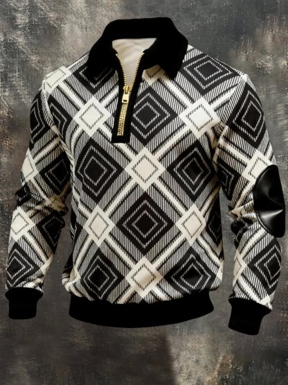 Men's Vintage Color-Block Printed Zip-Up Hoodie
