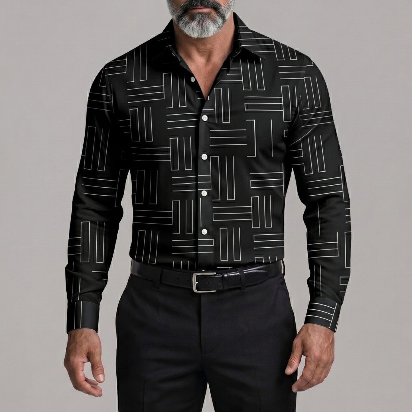 Men's Fashion Geometric Lines Print Button Up Business Casual Shirt