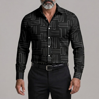 Men's Fashion Geometric Lines Print Button Up Business Casual Shirt