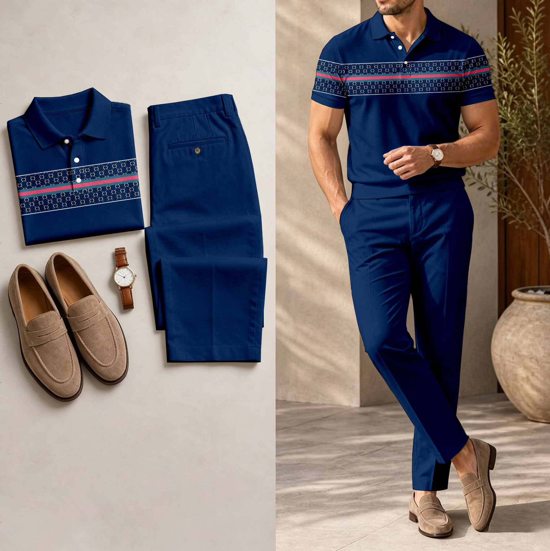 Men's Casual Royal Blue Printed Polo Shirt And Pants Two-Piece Set