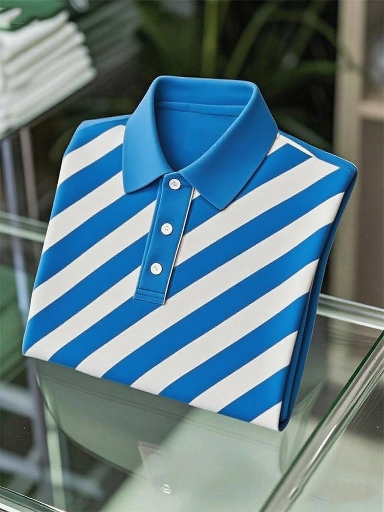 Men's Business Casual Striped Button Short Sleeve Polo Shirt