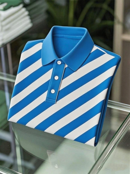 Men's Business Casual Striped Button Short Sleeve Polo Shirt