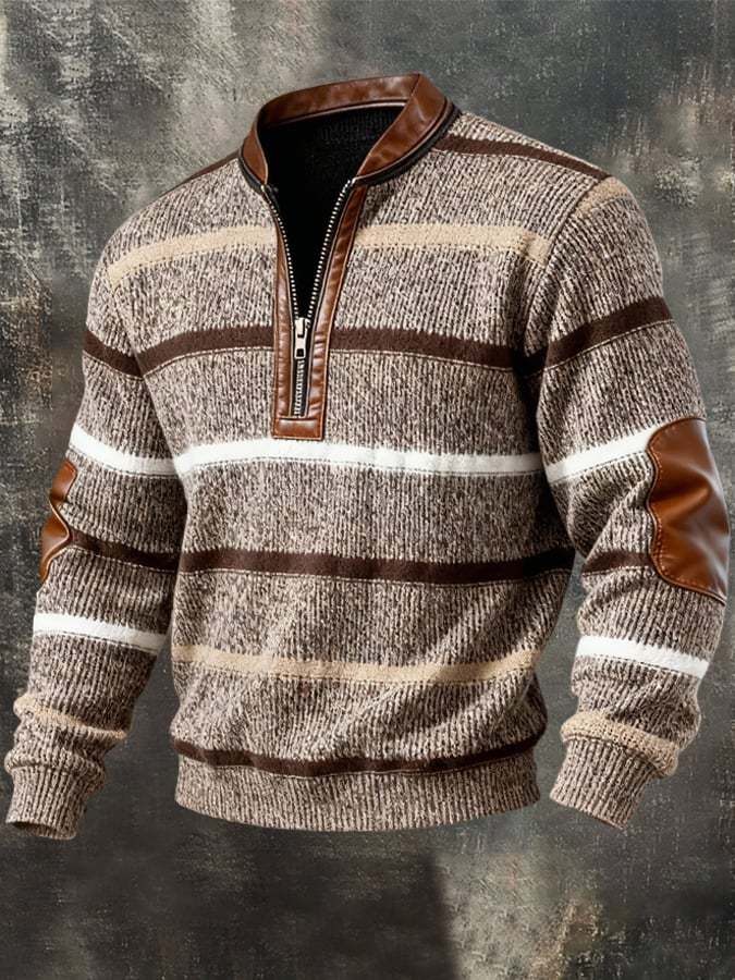 Men'S Casual Retro Contrast Color Half Zip Stand Collar Long Sleeve Sw