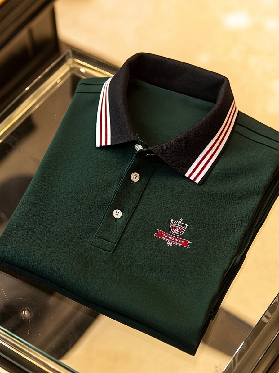 Men's Business Stripe Logo Button-Down Short Sleeve Polo Shirt