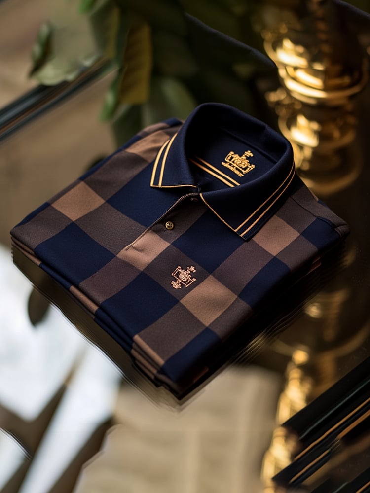 Men's Classic Business Check Button Short Sleeve Polo Shirt