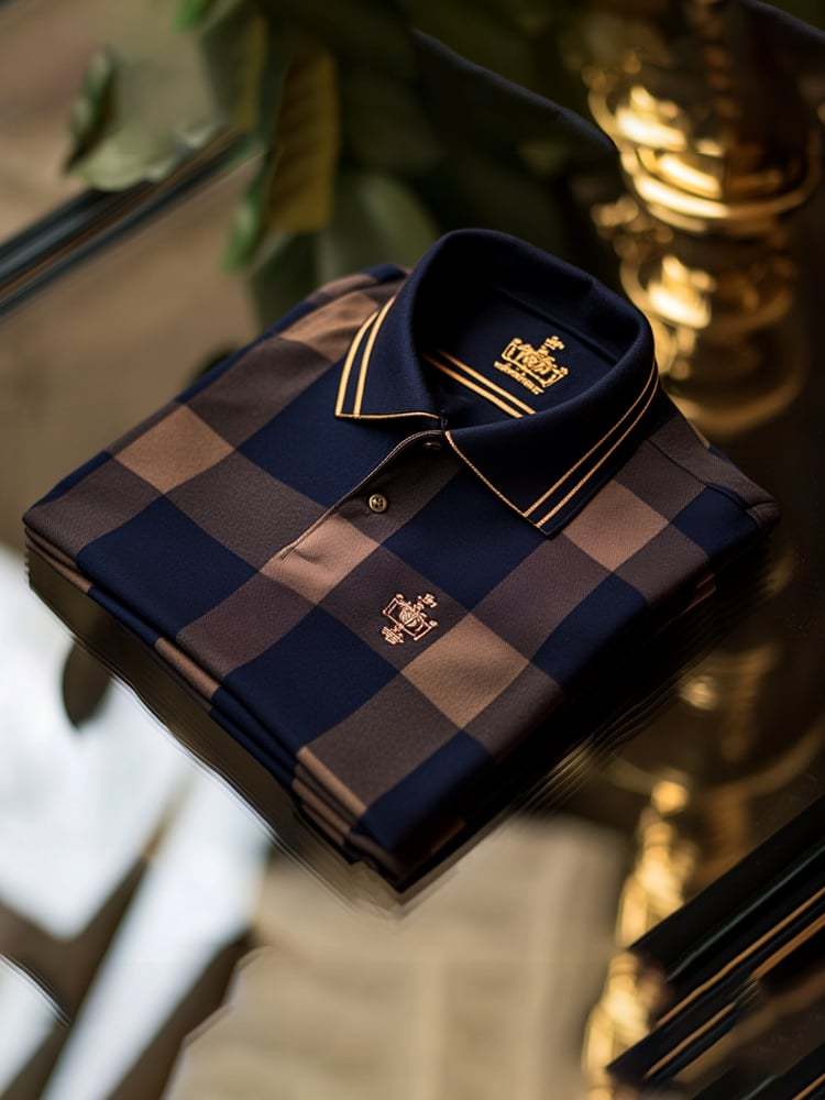 Men's Classic Business Check Logo Button Short Sleeve Polo Shirt