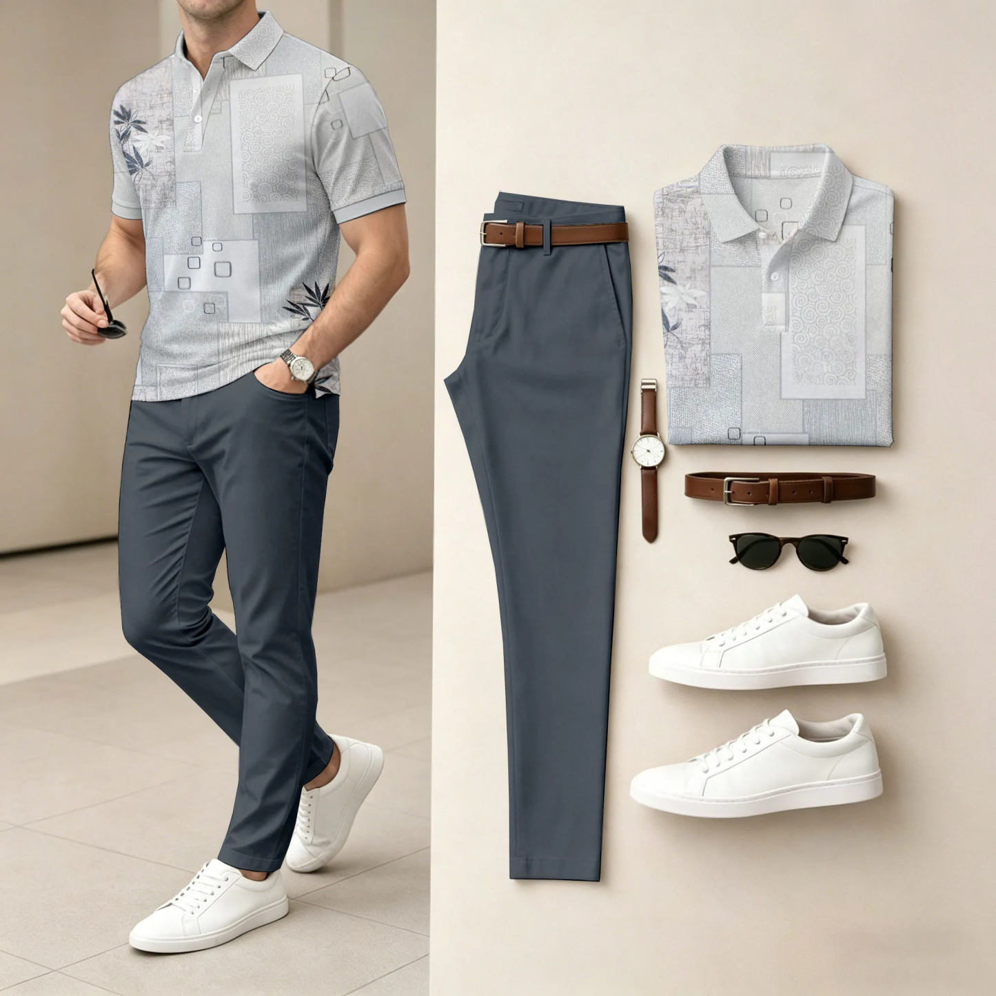 Men's Beige Casual Printed Polo Shirt And Pants Two-Piece Set