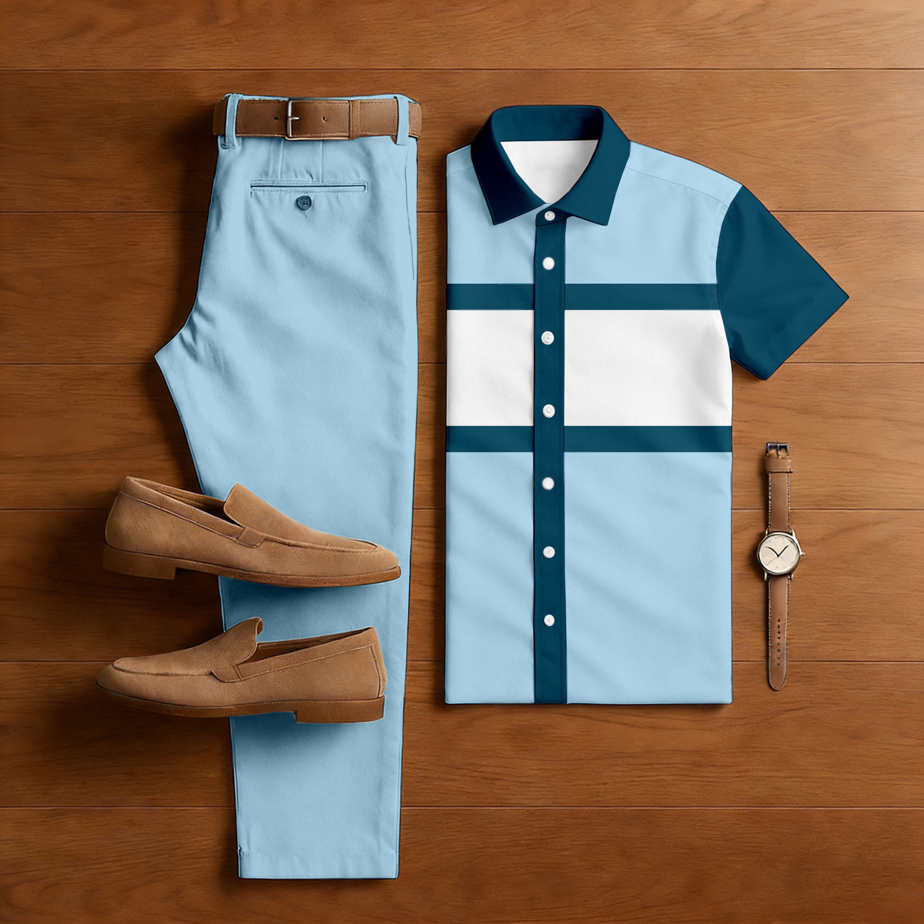 Men's Casual Light Blue & Blue Color Matching Geometric Printed Short Sleeved Shirt & Trousers Two-Piece Set