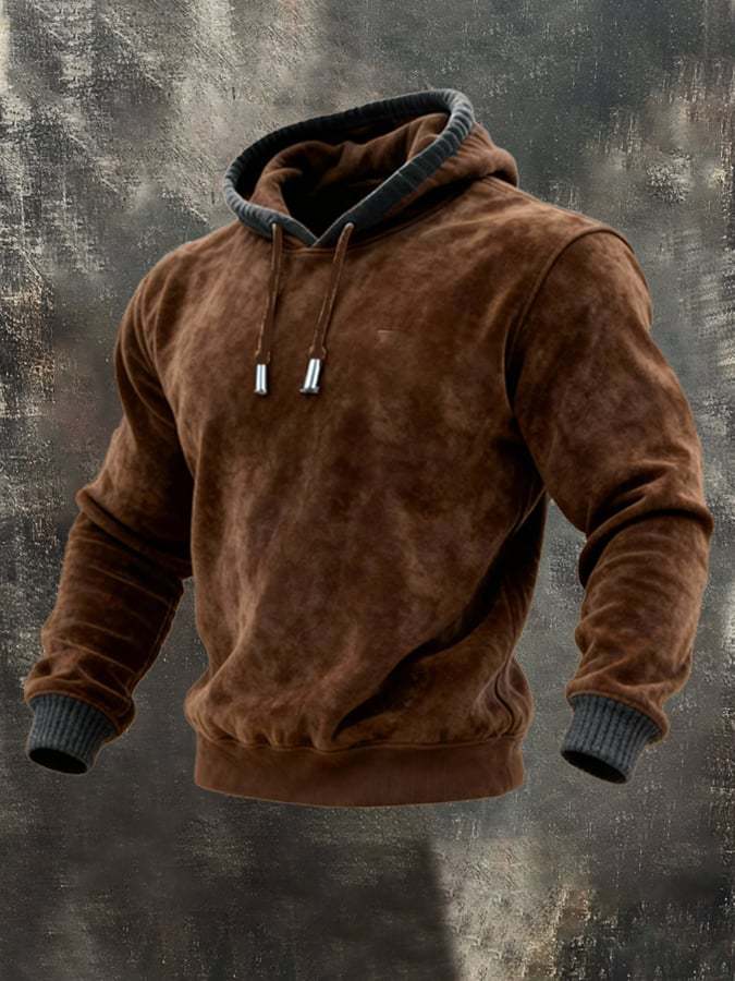 Men's Retro Velvet Contrast Hooded Casual Sweatshirt Set