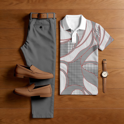 Men's Casual Gray & White Color Matching Art Checkered Printed Short Sleeved Polo Shirt & Trousers Two-Piece Set