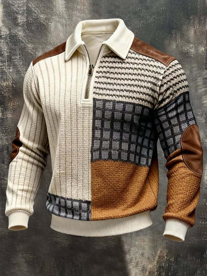 Men's Retro Color Block Print Color-Blocked Zip-Up Sweatshirt