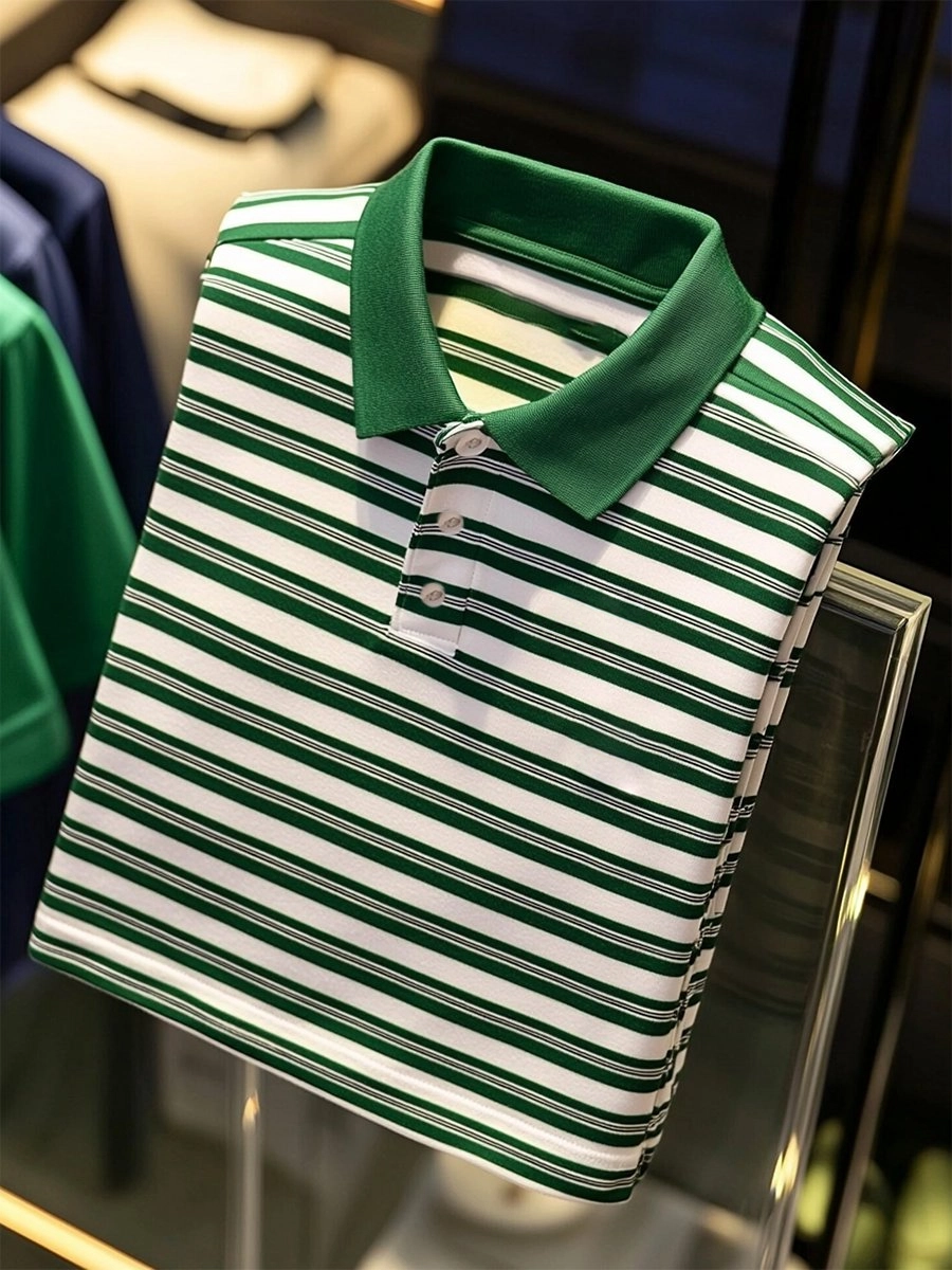 Men's Business Casual Striped Button Short Sleeve Polo Shirt