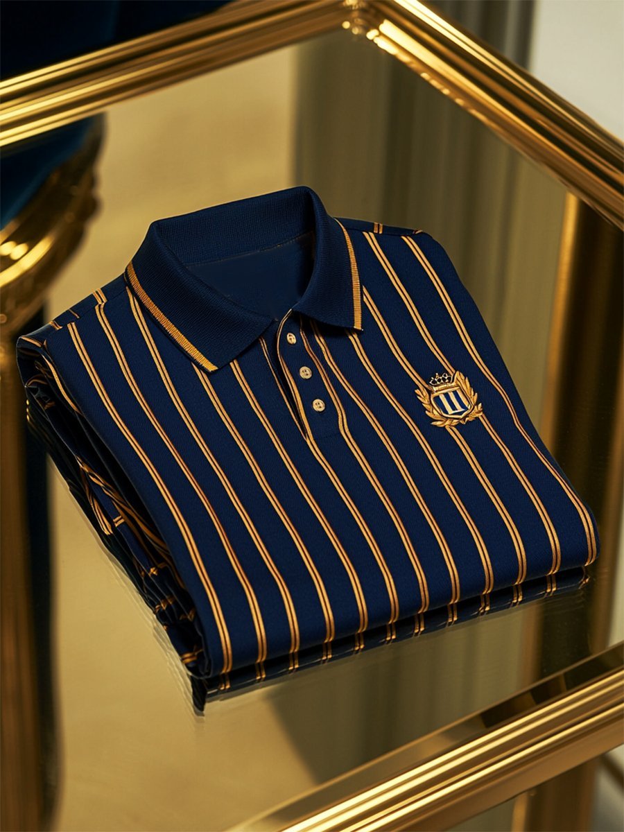 Men's Business Casual Striped Logo Button Short Sleeve Polo Shirt