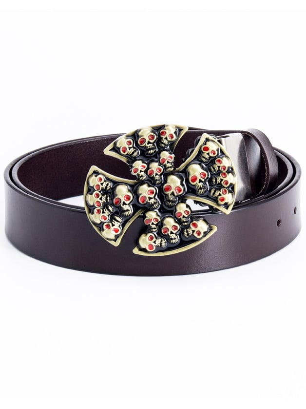 Black adult men's belt with iron clip skull cross trousers