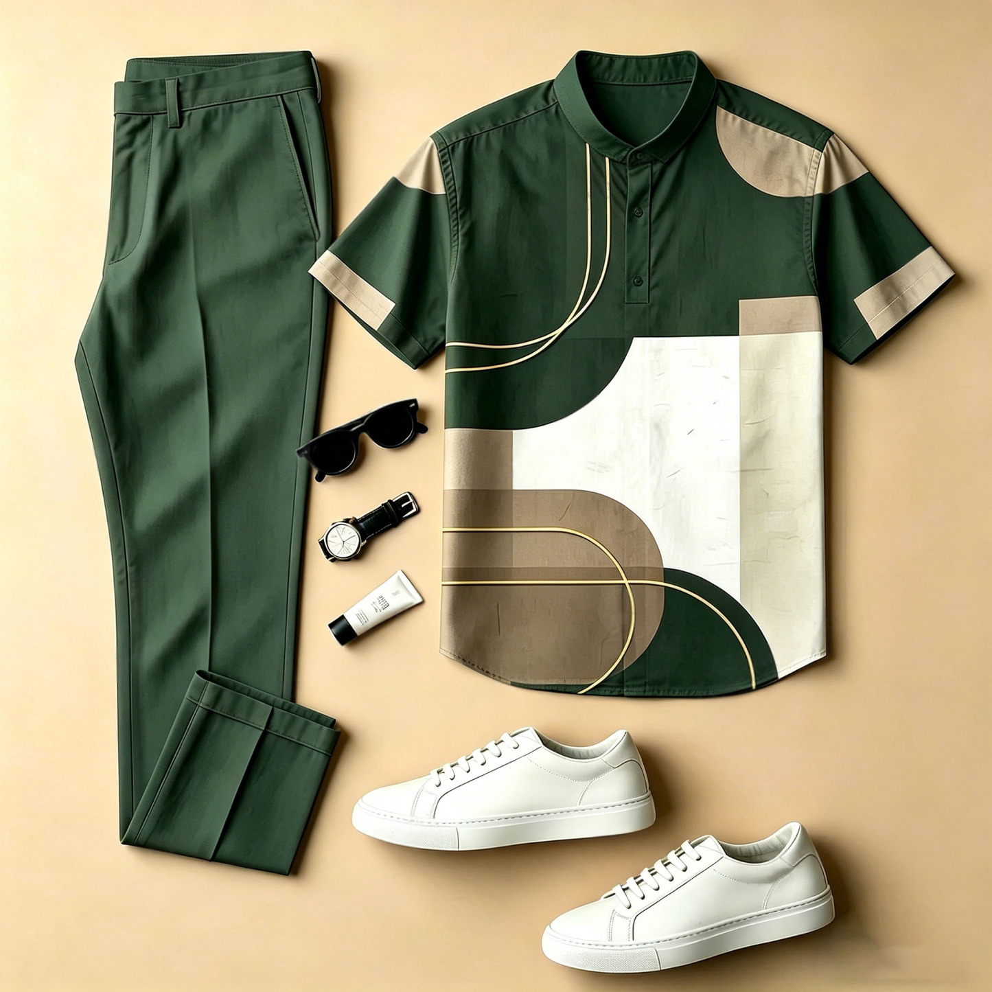 Men's Casual Dark Green & White Geometric Color-Blocked Printed Crew Neck Short-Sleeved Shirt And Trousers Two-Piece Set
