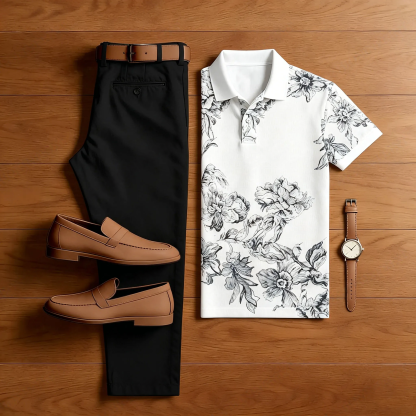 Men's Casual White Printed Polo Shirt And Pants Two-Piece Set