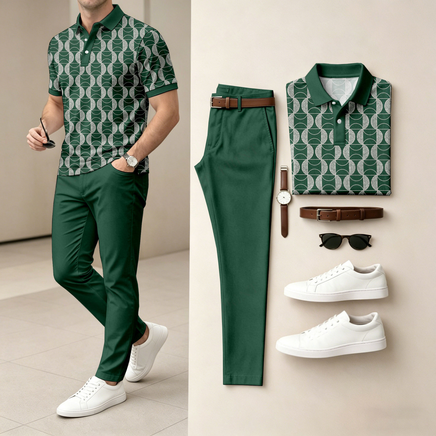 Men's Casual Dark Green Plaid Printed Polo Shirt And Pants Two-Piece Set
