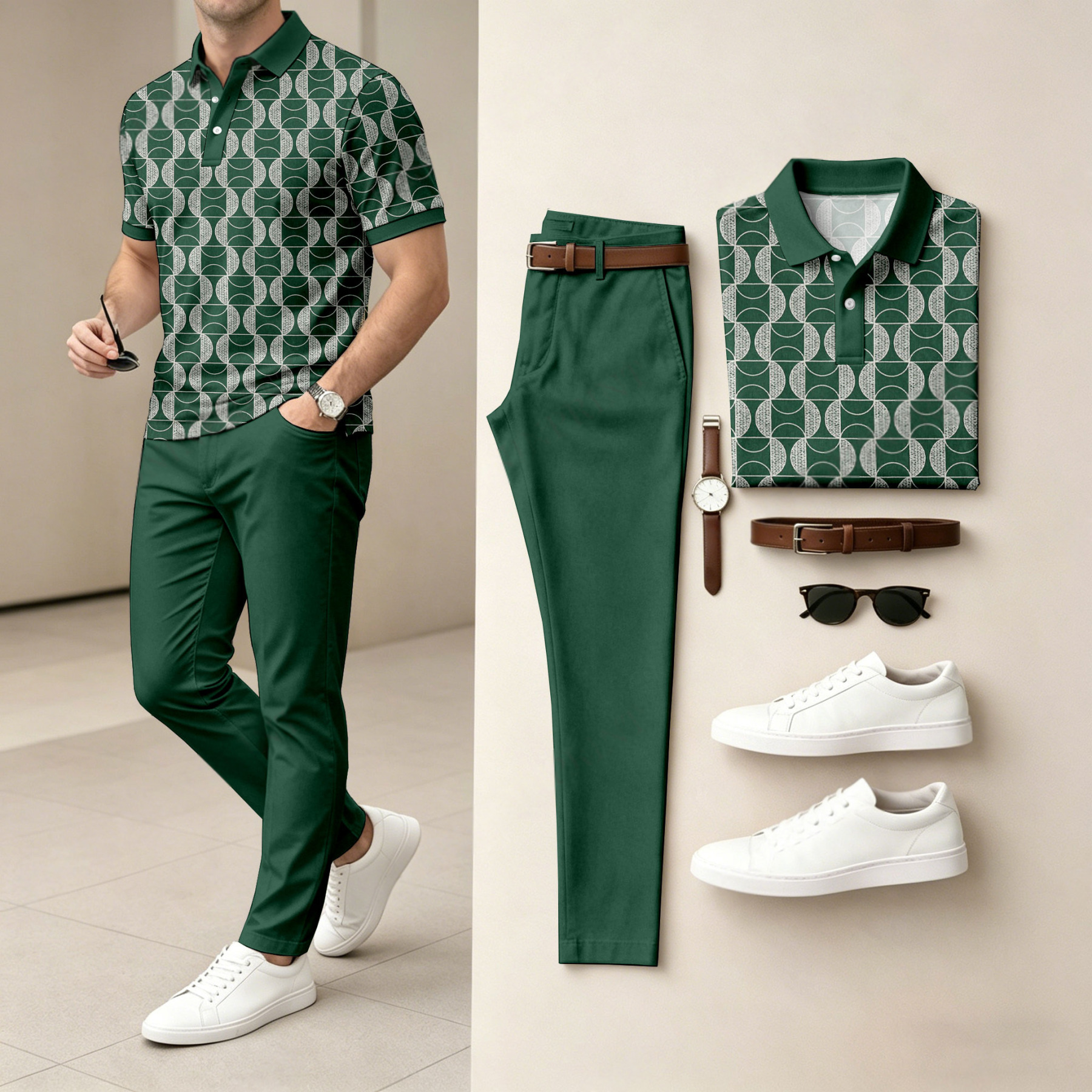 Men's Casual Dark Green Plaid Printed Polo Shirt And Pants Two-Piece Set