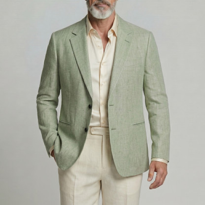 Men's Business Casual Green Welt Pocket Notch Lapel Long Sleeve Blazer